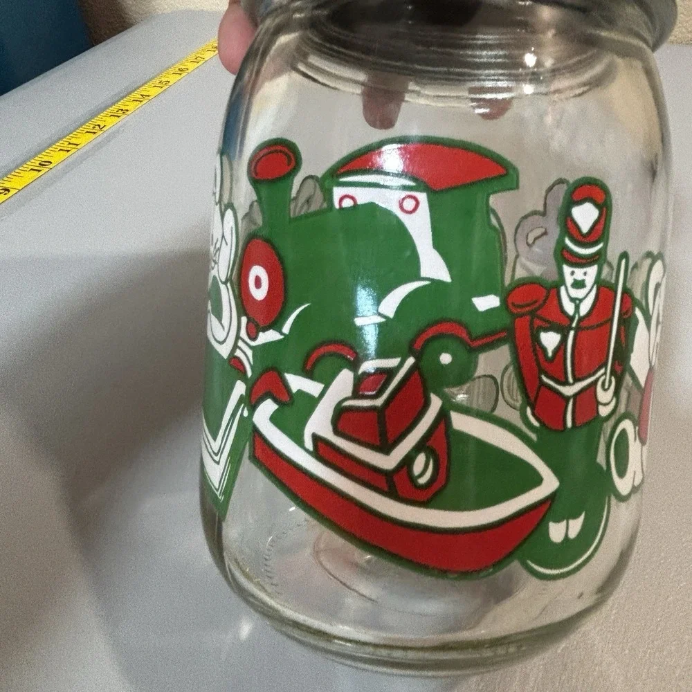 Anchor Hocking Christmas Canister Candy Jar Glass Green Lid Holiday Toys 1980's